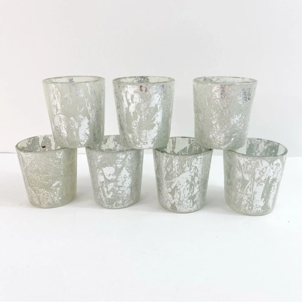 Set of 7 Glass Silver and White Flocked Votive Candles Holders